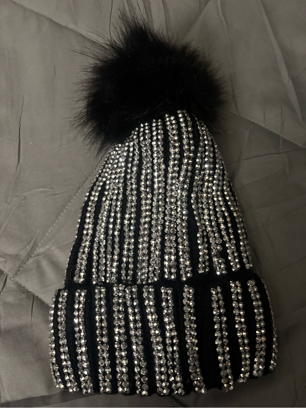 Black Rhinestone Pom Pom Beanie - Embellished Winter Hat- Pom Pom is removable